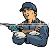 Cartoon Mechanic Smile Face Character Holding Drill Mechanic Color Design Element Engine Auto Repair Automotive Service Car Truck Motorcycle Technician Garage Shop Vehicle Maintenance Company Business Logo Clipart SVG