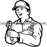 Cartoon Character Mechanic Holding Wrench Smile Face Design Element Mechanic Engine Auto Repair Automotive Service Car Truck Motorcycle Technician Garage Shop Vehicle Maintenance Design Element Company Business Logo Clipart SVG