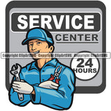 Service Center 24 Hours Quote Color Vector Cartoon Mechanic Man Holding Wrench Engine Auto Repair Automotive Service Car Truck Motorcycle Technician Garage Shop Vehicle Design Element Company Business Logo Clipart SVG