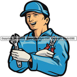 Cartoon Mechanic Man Holding Wrench Smile Face Engine Auto Repair Automotive Service Car Truck Motorcycle Technician Garage Shop Vehicle Design Element Company Business Logo Clipart SVG