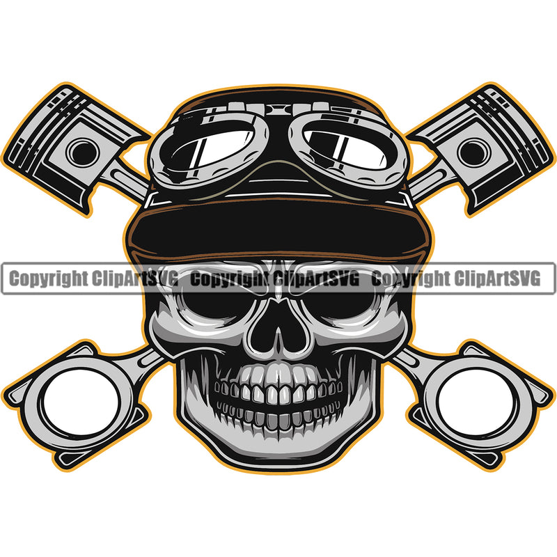 Crossed Piston Skull Skeleton Color Head Mechanic Engine Auto Repair Automotive Service Car Truck Motorcycle Technician Garage Shop Vehicle Maintenance Design Element Company Business Logo Clipart SVG