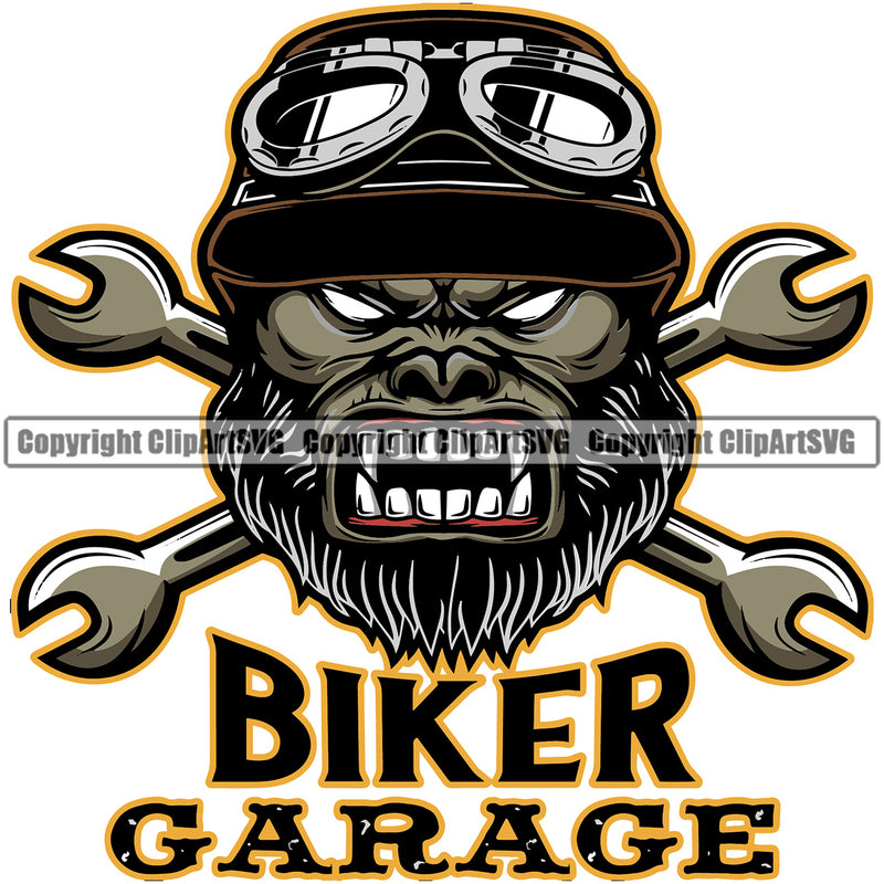 Biker Garage Gorilla Angry Head Range Crossed Design Engine Auto Repair Automotive Service Car Truck Motorcycle Technician Garage Shop Vehicle Maintenance Design Element Company Business Logo Clipart SVG