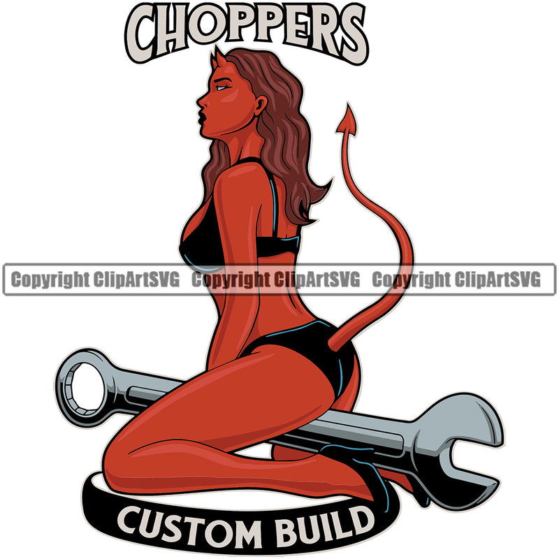 Choppers Custom Build Quote Color Vector Devil Girl Sitting On Range Vector Mechanic Engine Auto Repair Automotive Service Car Truck Motorcycle Technician Garage Shop Vehicle Maintenance Design Element Company Business Logo Clipart SVG