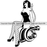 Devil Sexy Girl Sitting On Machin Accessories Vector Engine Auto Repair Automotive Service Car Truck Motorcycle Technician Garage Shop Vehicle Maintenance Design Element Company Business Logo Clipart SVG