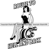 Route To Hell and Back Quote Color Vector Devil Sexy Girl Sitting On Machin Accessories Mechanic Engine Auto Repair Automotive Service Car Truck Motorcycle Technician Garage Shop Vehicle Maintenance Design Element Company Business Logo Clipart SVG