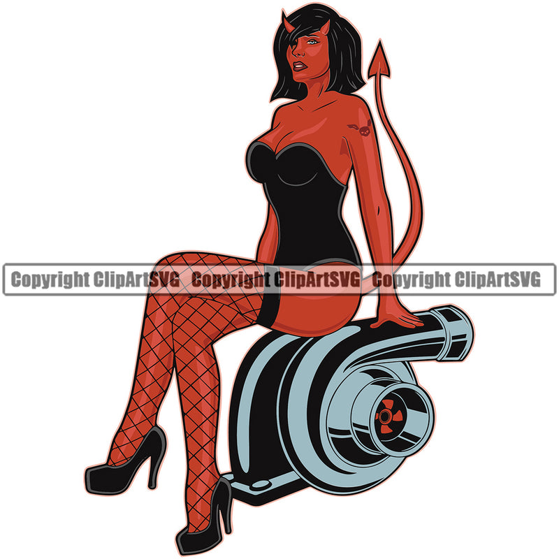 Devil Sexy Girl Sitting On Machin Accessories Devil Wearing Bikini  Mechanic Engine Auto Repair Automotive Service Car Truck Motorcycle Technician Garage Shop Vehicle Maintenance Design Element Company Business Logo Clipart SVG
