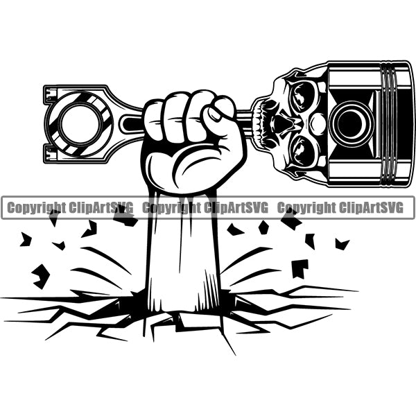 Hand Holding Skull Skeleton Head Design Piston Cruck Floor Vector Mechanic Engine Auto Repair Automotive Service Car Truck Motorcycle Technician Garage Shop Vehicle Maintenance Design Element Company Business Logo Clipart SVG