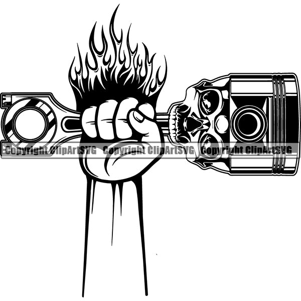 Hand Holding Skull Skeleton Head Design Piston Fire Background Design Element Mechanic Engine Auto Repair Automotive Service Car Truck Motorcycle Technician Garage Shop Vehicle Maintenance Company Business Logo Clipart SVG