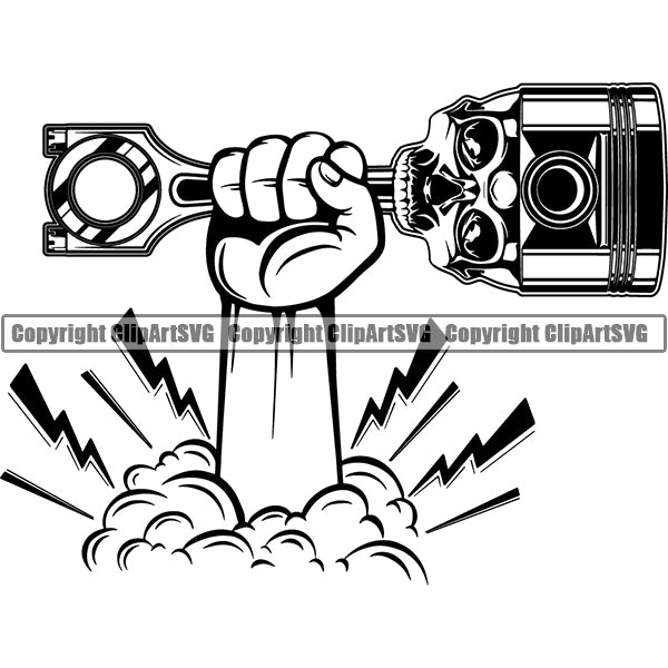 Hand Holding Engine Piston Skull Skeleton Head Design Element Mechanic Engine Auto Repair Automotive Service Car Truck Motorcycle Technician Garage Shop Vehicle Maintenance Company Business Logo Clipart SVG