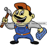 Cartoon Mechanic Character Holding Hammer And Tool Box Engine Auto Repair Automotive Service Car Truck Motorcycle Technician Garage Shop Vehicle Maintenance Design Element Company Business Logo Clipart SVG