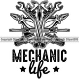 Mechanic Life Tools Accessories White Background Design Element Engine Auto Repair Automotive Service Car Truck Motorcycle Technician Garage Shop Vehicle Maintenance Company Business Logo Clipart SVG