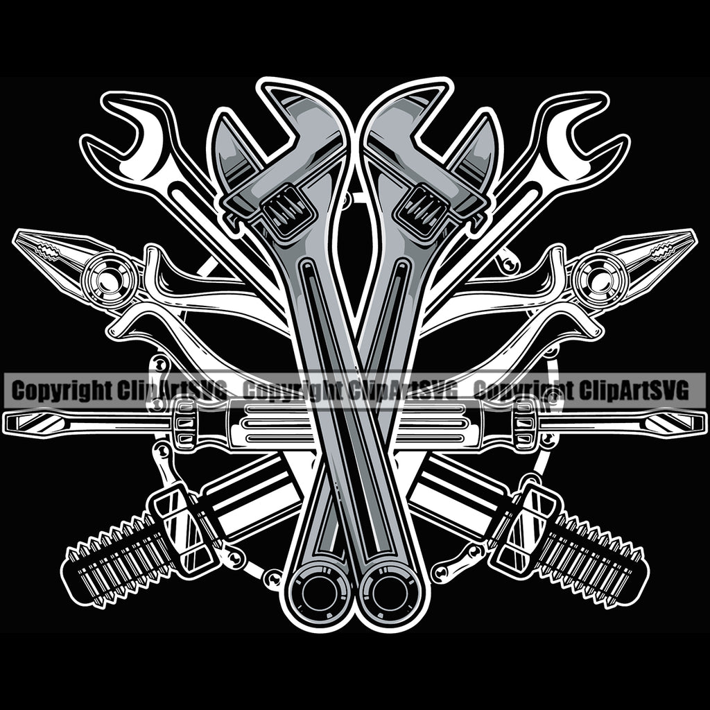 Mechanic Accessories Black Background Design Element Engine Auto Repair Automotive Service Car Truck Motorcycle Technician Garage Shop Vehicle Maintenance Company Business Logo Clipart SVG
