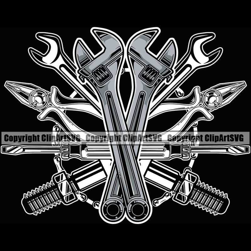 Mechanic Accessories Black Background Design Element Engine Auto Repair Automotive Service Car Truck Motorcycle Technician Garage Shop Vehicle Maintenance Company Business Logo Clipart SVG