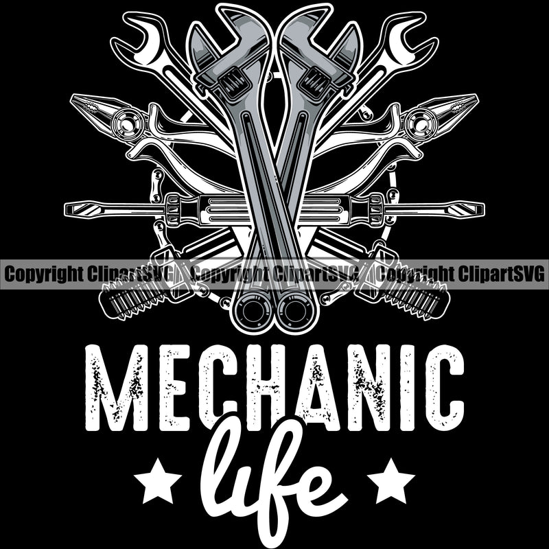 Mechanic Life Quote Black Background Accessories Design Element Engine Auto Repair Automotive Service Car Truck Motorcycle Technician Garage Shop Vehicle Maintenance Company Business Logo Clipart SVG