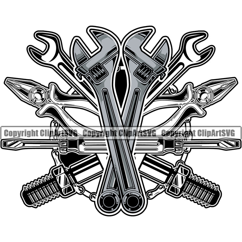 Mechanic Accessories White Background Symbol Engine Auto Repair Automotive Service Car Truck Motorcycle Technician Garage Shop Vehicle Maintenance Design Element Company Business Logo Clipart SVG