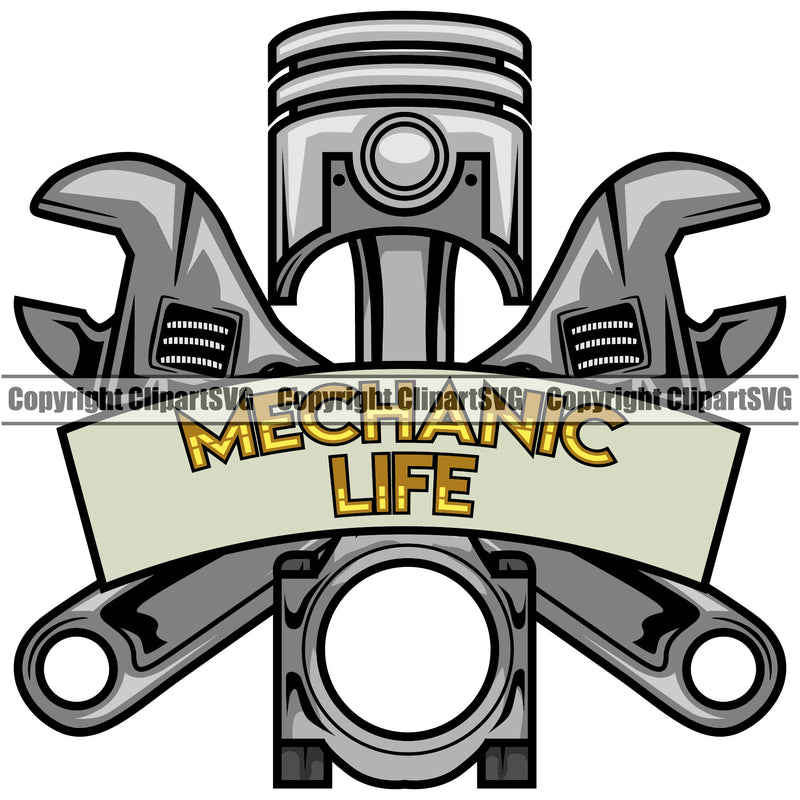 Mechanic Life Color Quote Products Engine Piston Wrench Crossed Design Element Mechanic Engine Auto Repair Automotive Service Car Truck Motorcycle Technician Garage Shop Vehicle Maintenance Company Business Logo Clipart SVG
