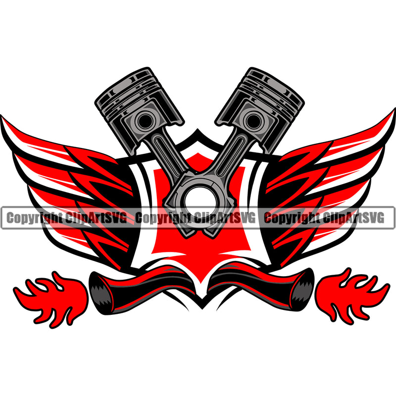 Mechanic Engine Piston Wings Red Color Design Element White Background Auto Repair Automotive Service Car Truck Motorcycle Technician Garage Shop Vehicle Maintenance Company Business Logo Clipart SVG