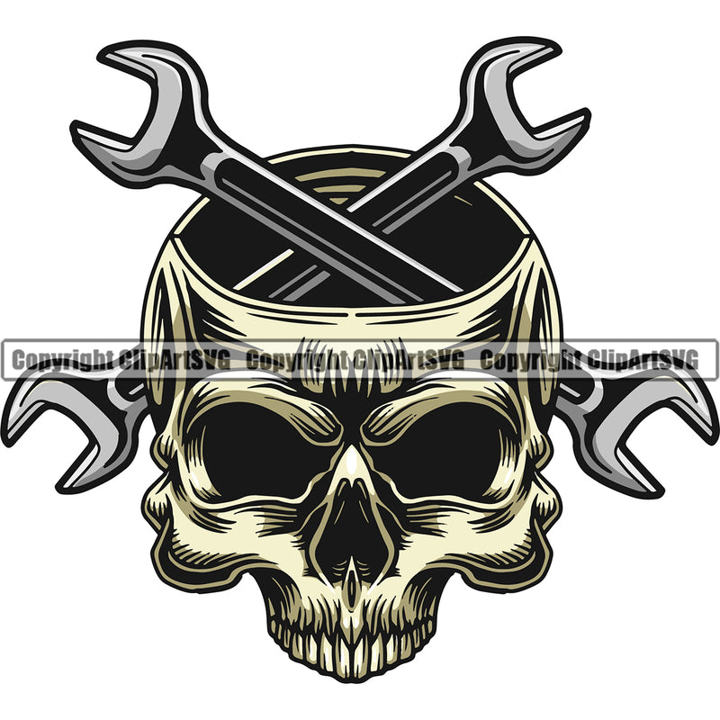 Skull Skeleton Head Wrench Crossed Design Element White Background Mechanic Engine Auto Repair Automotive Service Car Truck Motorcycle Technician Garage Shop Vehicle Maintenance Company Business Logo Clipart SVG