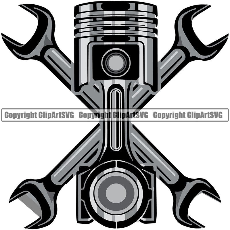 Motorcycle Piston Wrenches Crossed Design Element White Background Mechanic Engine Auto Repair Automotive Service Car Truck Motorcycle Technician Garage Shop Vehicle Maintenance Company Business Logo Clipart SVG