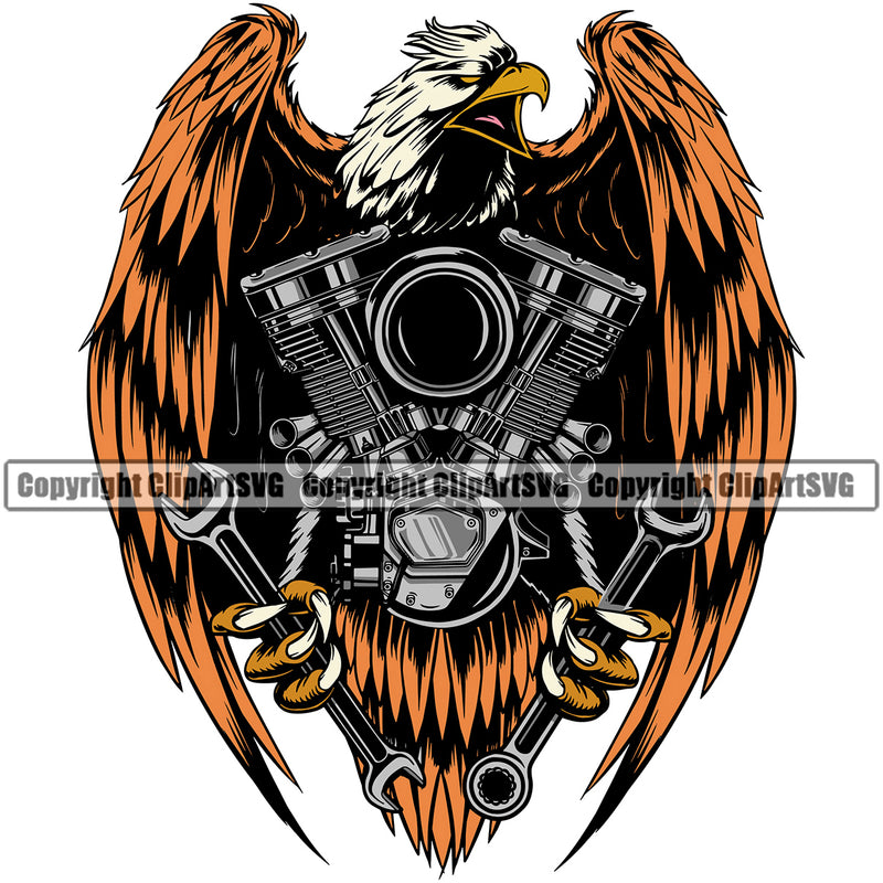Eagle Engine Body Holding Wrench Color Design Element Mechanic Engine Auto Repair Automotive Service Car Truck Motorcycle Technician Garage Shop Vehicle Maintenance Company Business Logo Clipart SVG
