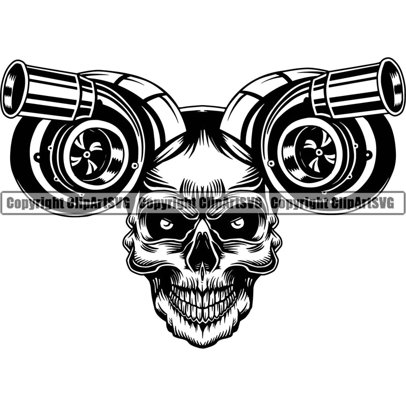 Skull Skeleton Turbo Head White Background Design Element Mechanic Engine Auto Repair Automotive Service Car Truck Motorcycle Technician Garage Shop Vehicle Maintenance Company Business Logo Clipart SVG