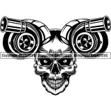 Skull Skeleton Turbo Head White Background Design Element Mechanic Engine Auto Repair Automotive Service Car Truck Motorcycle Technician Garage Shop Vehicle Maintenance Company Business Logo Clipart SVG