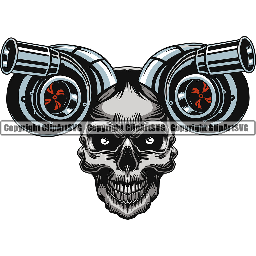 Skull Skeleton Turbo Color Design Element Mechanic Engine Auto Repair Automotive Service Car Truck Motorcycle Technician Garage Shop Vehicle Maintenance Company Business Logo Clipart SVG