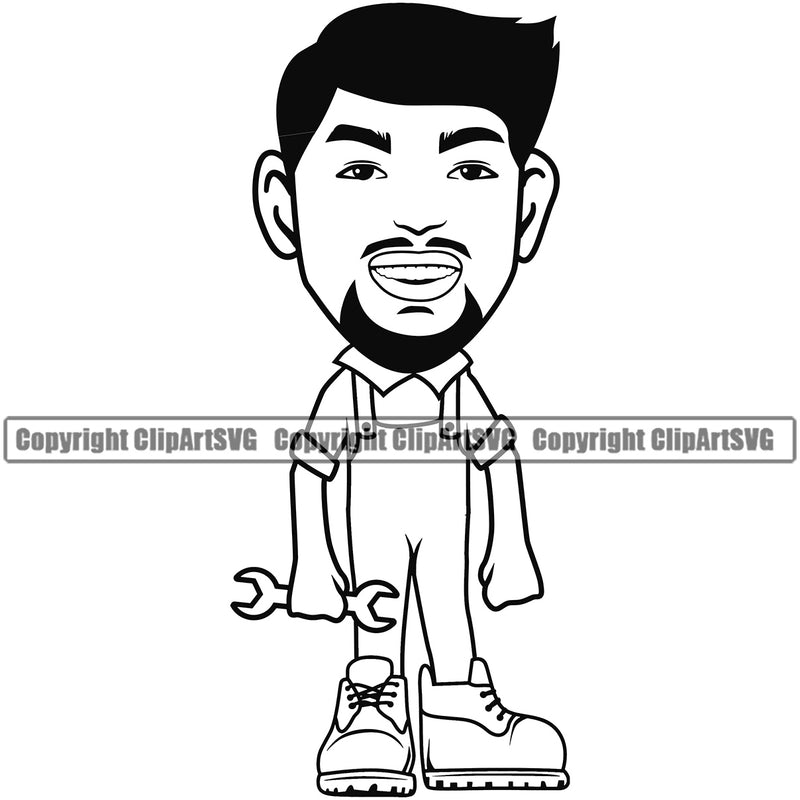 Mechanic Cartoon Character Smile Face Holding Wrench Vector Engine Auto Repair Automotive Service Car Truck Motorcycle Technician Garage Shop Vehicle Maintenance Design Element Company Business Logo Clipart SVG