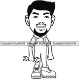 Mechanic Cartoon Character Smile Face Holding Wrench Vector Engine Auto Repair Automotive Service Car Truck Motorcycle Technician Garage Shop Vehicle Maintenance Design Element Company Business Logo Clipart SVG