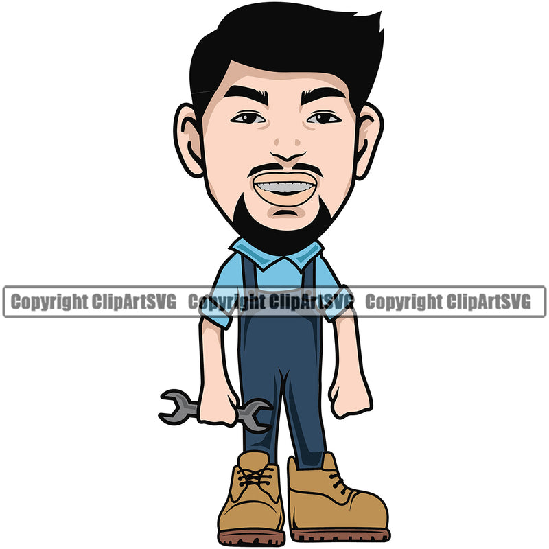 Mechanic Cartoon Character Holding Wrench Smile Face Color Vector Engine Auto Repair Automotive Service Car Truck Motorcycle Technician Garage Shop Vehicle Maintenance Design Element Company Business Logo Clipart SVG
