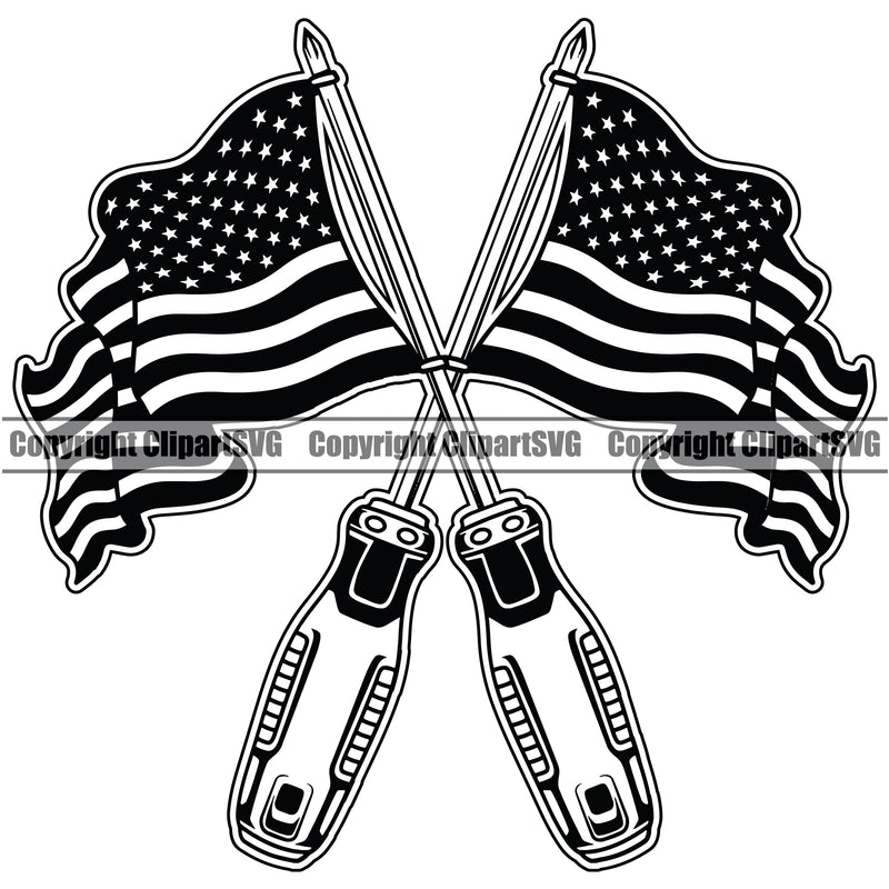 Screwdriver Flag Crossed Design USA Flag United America Flag Mechanic Engine Auto Repair Automotive Service Car Truck Motorcycle Technician Garage Shop Vehicle Maintenance Company Business Logo Clipart SVG