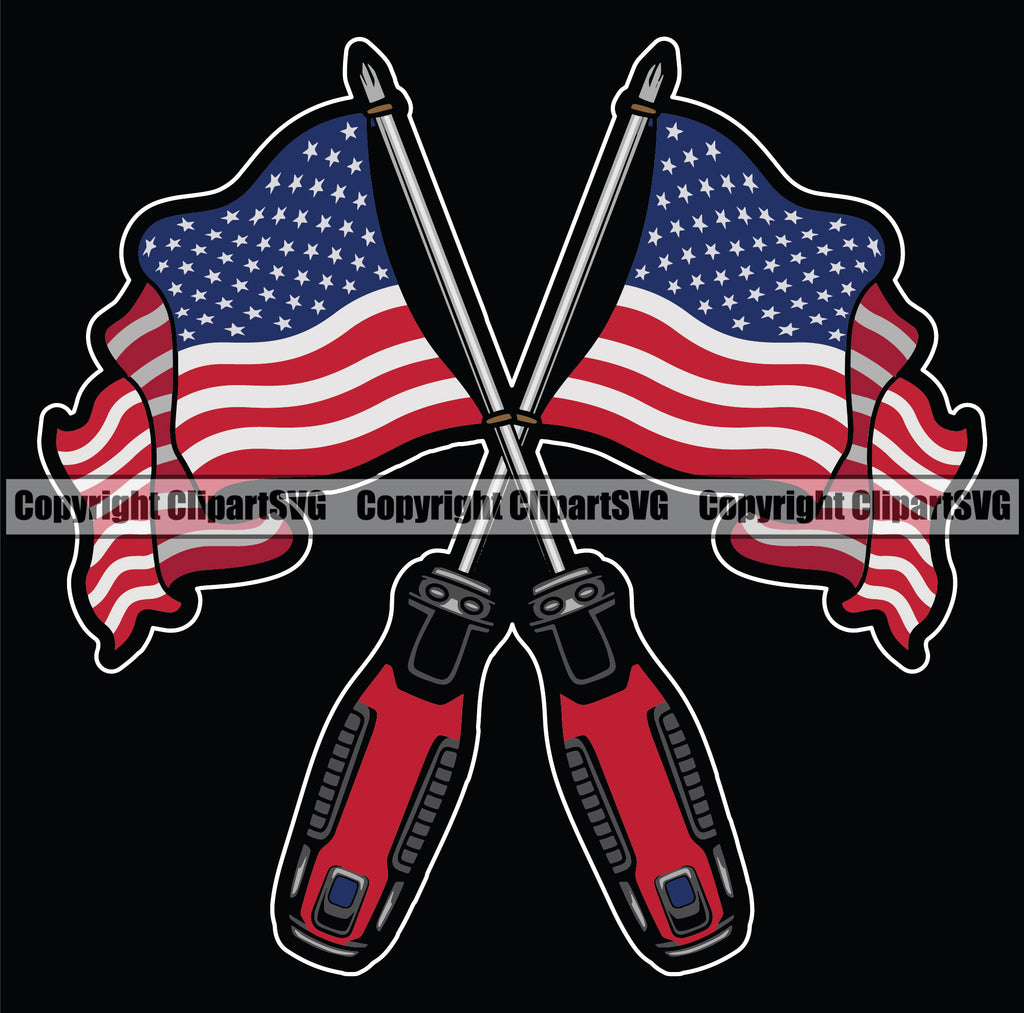 Screwdriver Flag Crossed Design USA Flag Black Background United America Flag Mechanic Engine Auto Repair Automotive Service Car Truck Motorcycle Technician Garage Shop Vehicle Maintenance Company Business Logo Clipart SVG