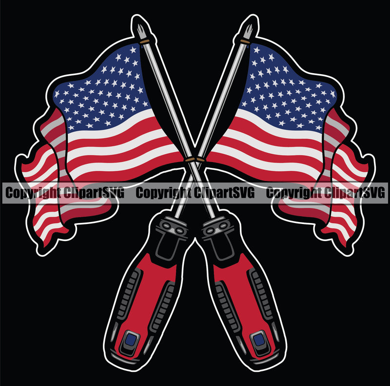 Screwdriver Flag Crossed Design USA Flag Black Background United America Flag Mechanic Engine Auto Repair Automotive Service Car Truck Motorcycle Technician Garage Shop Vehicle Maintenance Company Business Logo Clipart SVG