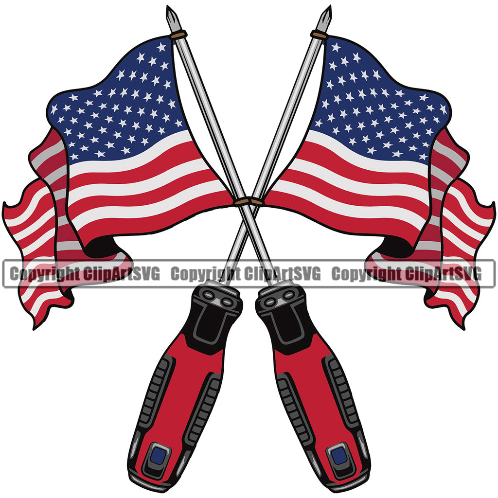 Screwdriver Flag Crossed Design Element White Background Mechanic Engine Auto Repair Automotive Service Car Truck Motorcycle Technician Garage Shop Vehicle Maintenance Company Business Logo Clipart SVG