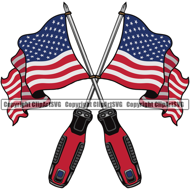 Screwdriver Flag Crossed Design Element White Background Mechanic Engine Auto Repair Automotive Service Car Truck Motorcycle Technician Garage Shop Vehicle Maintenance Company Business Logo Clipart SVG