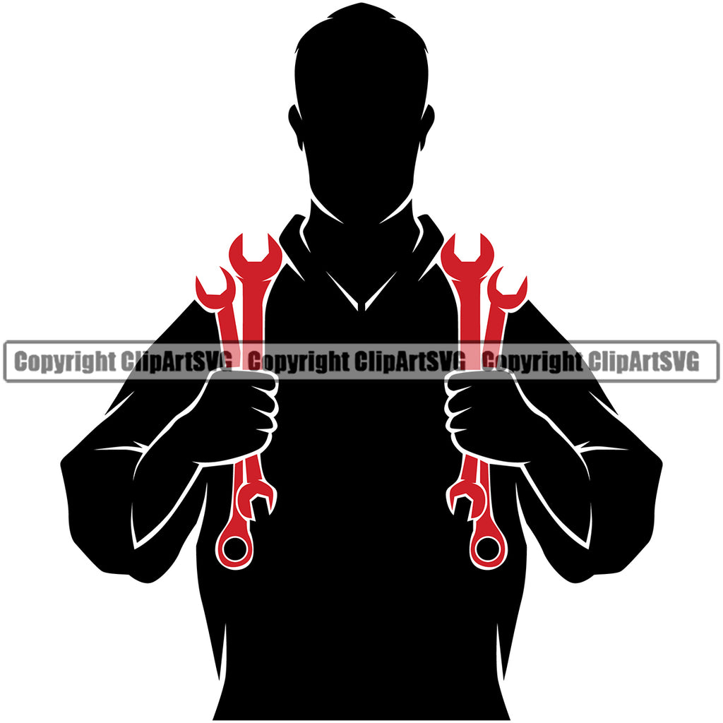 Mechanic Silhouette Holding Wrench White Background Design Element Engine Auto Repair Automotive Service Car Truck Motorcycle Technician Garage Shop Vehicle Maintenance Company Business Logo Clipart SVG