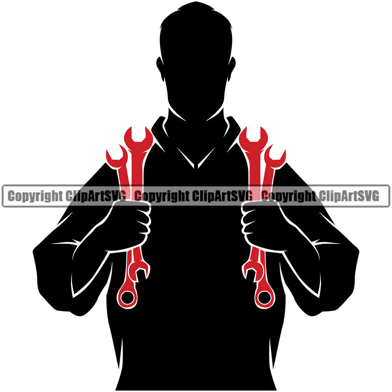 Mechanic Silhouette Holding Wrench White Background Design Element Engine Auto Repair Automotive Service Car Truck Motorcycle Technician Garage Shop Vehicle Maintenance Company Business Logo Clipart SVG