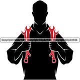 Mechanic Silhouette Holding Wrench White Background Design Element Engine Auto Repair Automotive Service Car Truck Motorcycle Technician Garage Shop Vehicle Maintenance Company Business Logo Clipart SVG