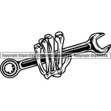 Skull Skeleton Hand Holding Wrench Vector Mechanic Engine Auto Repair Automotive Service Car Truck Motorcycle Technician Garage Shop Vehicle Maintenance Design Element Company Business Logo Clipart SVG