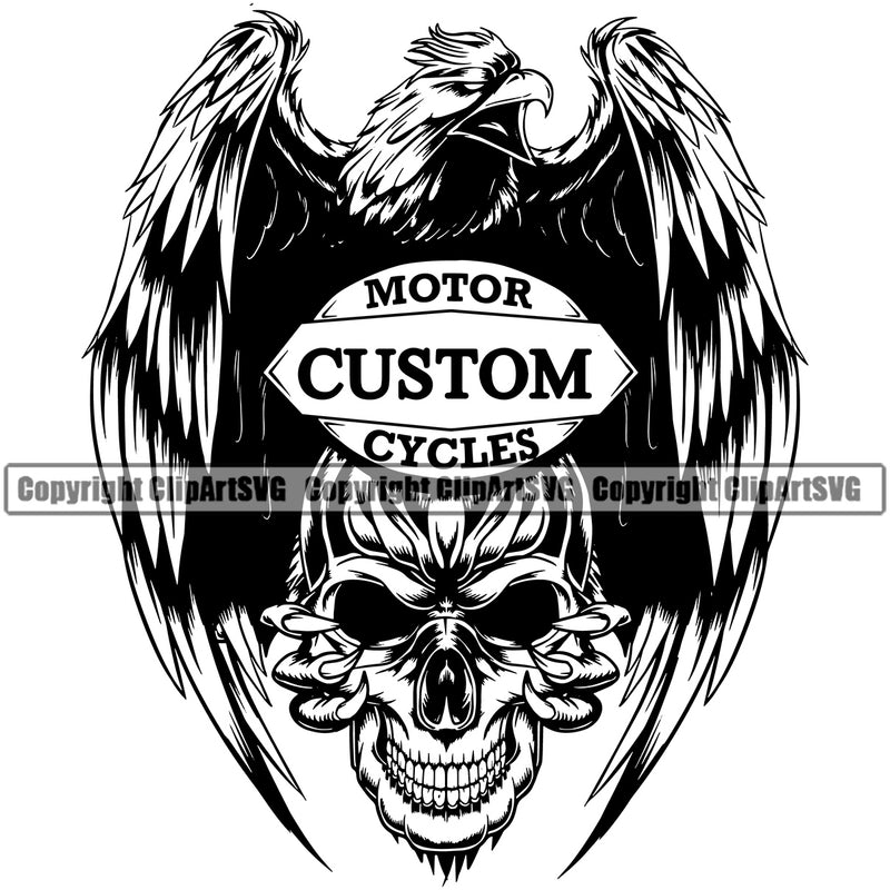 Motor Custom Cycles Quote Eagle Holding Skull Head Design Element Mechanic Engine Auto Repair Automotive Service Car Truck Motorcycle Technician Garage Shop Maintenance Company Business Logo Clipart SVG