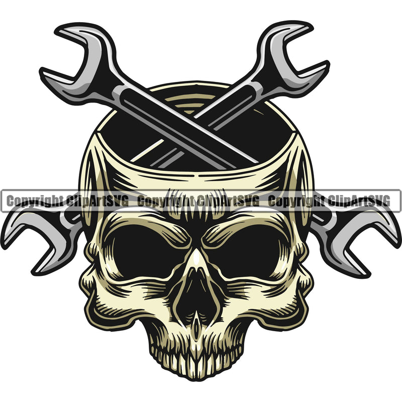 Mechanic Skull Skeleton Color Head Crossed Wrench Engine Auto Repair Automotive Service Car Truck Motorcycle Technician Garage Shop Vehicle Maintenance Design Element Company Business Logo Clipart SVG