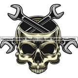 Mechanic Skull Skeleton Color Head Crossed Wrench Engine Auto Repair Automotive Service Car Truck Motorcycle Technician Garage Shop Vehicle Maintenance Design Element Company Business Logo Clipart SVG