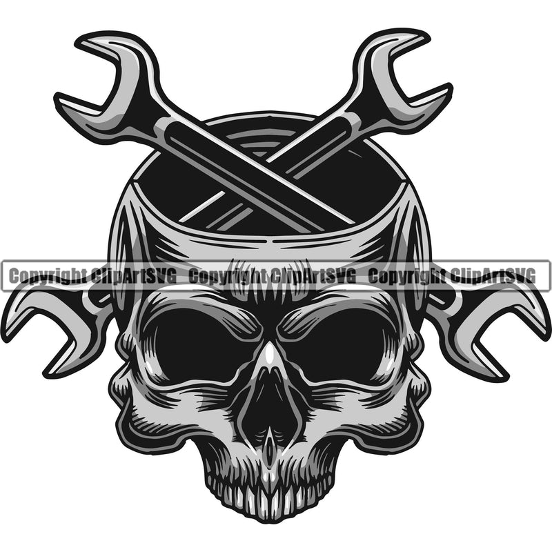 Skull Skeleton Head Wrench Crossed Design Element Mechanic Engine Auto Repair Automotive Service Car Truck Motorcycle Technician Garage Shop Vehicle Maintenance Company Logo Clipart SVG
