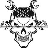 Skull Skeleton Smile Face Crossed Wrench Design Element Mechanic Engine Auto Repair Automotive Service Car Truck Motorcycle Technician Garage Shop Vehicle Maintenance Company Business Logo Clipart SVG