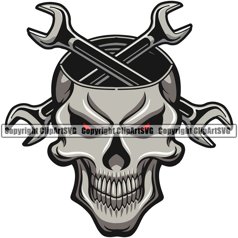 Mechanic Skull Skeleton Red Eyes Crossed Wrench Vector Design Element Engine Auto Repair Automotive Service Car Truck Motorcycle Technician Garage Shop Vehicle Maintenance Company Business Logo Clipart SVG
