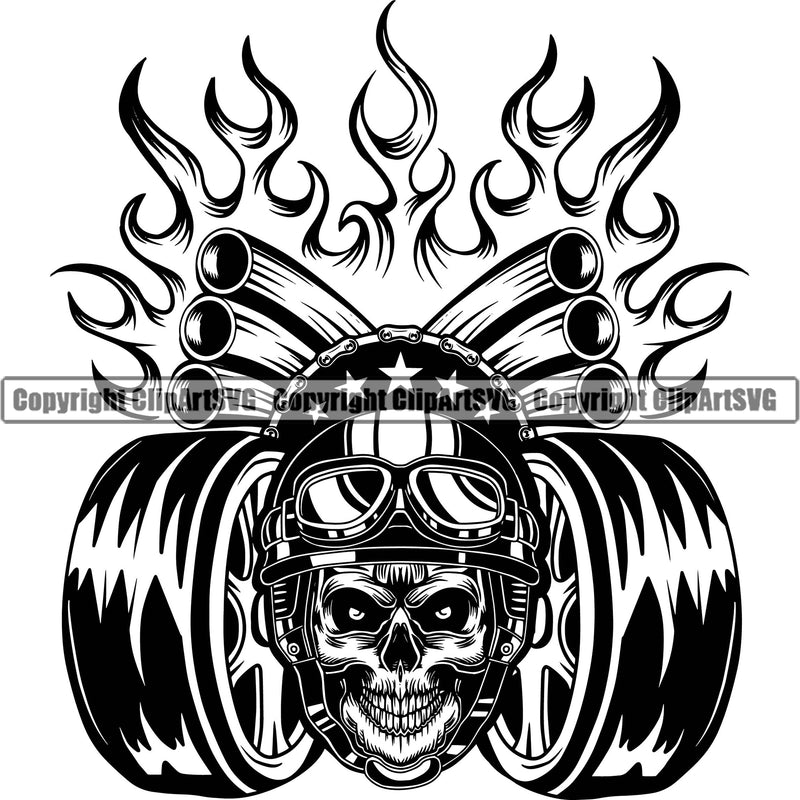 Skull Skeleton Head With Trier Fire Vector Design Element Mechanic Engine Auto Repair Automotive Service Car Truck Motorcycle Technician Garage Shop Vehicle Maintenance Company Business Logo Clipart SVG