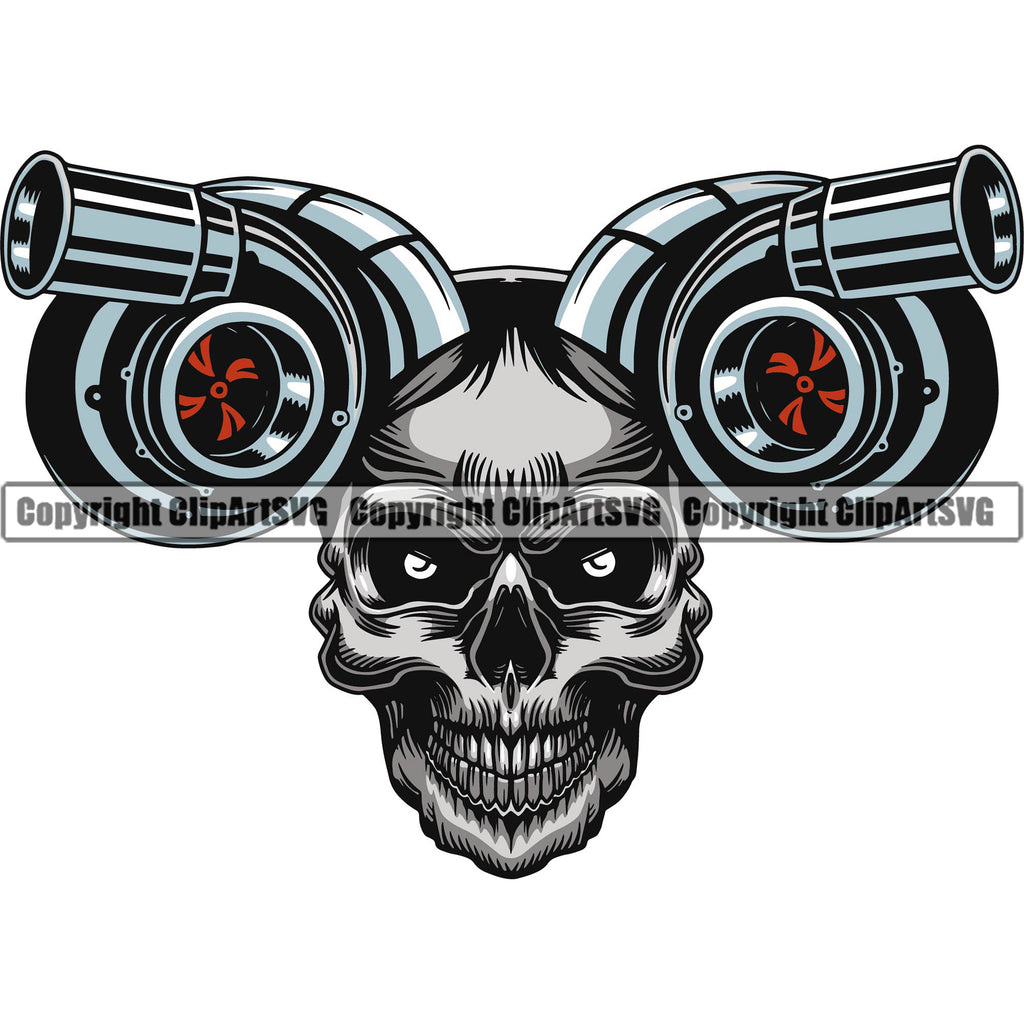 Skull Skeleton Turbo Charger White Background Design Element Mechanic Engine Auto Repair Automotive Service Car Truck Motorcycle Technician Shop Vehicle Maintenance Company Business Logo Clipart SVG