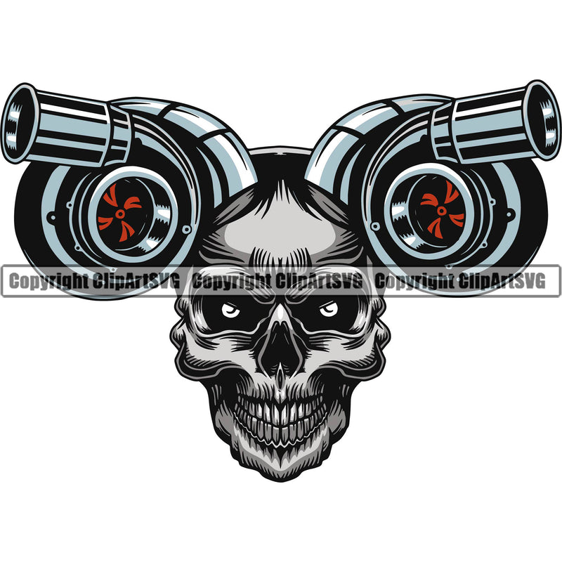 Skull Skeleton Turbo Charger White Background Design Element Mechanic Engine Auto Repair Automotive Service Car Truck Motorcycle Technician Shop Vehicle Maintenance Company Business Logo Clipart SVG