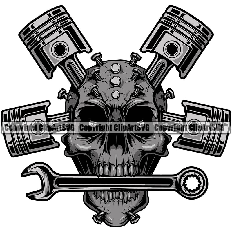Skull Head Wrench On Mouth Piston Design Element Mechanic Engine Auto Repair Automotive Service Car Truck Motorcycle Technician Garage Shop Vehicle Maintenance Company Business Logo Clipart SVG