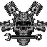 Skull Head Wrench On Mouth Piston Design Element Mechanic Engine Auto Repair Automotive Service Car Truck Motorcycle Technician Garage Shop Vehicle Maintenance Company Business Logo Clipart SVG